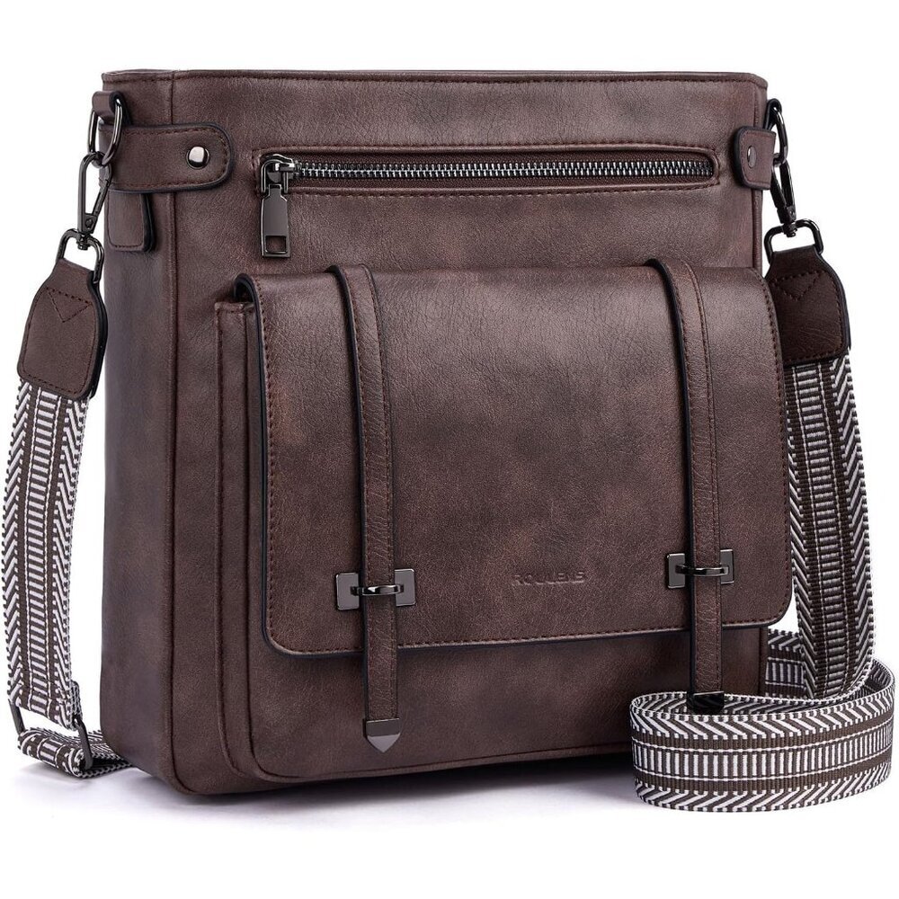 Women’s Coffe Leather Multi-Pocket Travel Purse Crossbody Bag